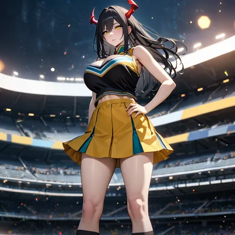 A woman wearing a cheerleader uniform, black shirt with gold details, sleeveless shirt, big breasts, yellow skirt, long black socks, sports shoes, red horns, yellow eyes, black hair, long hair, standing in the stands of a football stadium, night place.(sol...