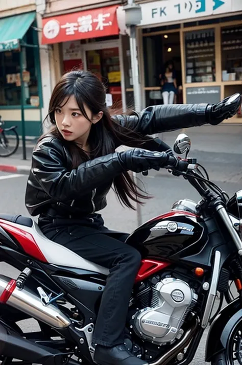 Create an image of an Asian girl being threatened by motorcycle robbers.