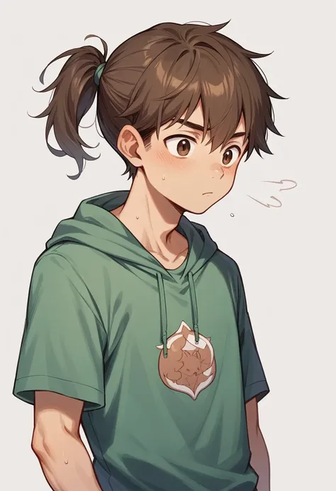 (young guy) (approximately 17 years old), ( straight hair, brown, and large.) ( tied her hair in a ponytail.) (He doesn&#39;t have bangs, just two strands that stick out) (expressionless look)  (dark brown eyes)