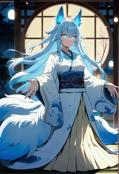 fox Light blue hair 　beast girl　indigo fur　fox beast girl　fox Light blue hair 　beast girl　indigo fur　fox beast girl　Wallpaper 4k,8k,highly detailled,,vivid colors,detailed kitsune with 9 tails,traditional Japanese artwork,tatami floor,beautiful cherry blos...