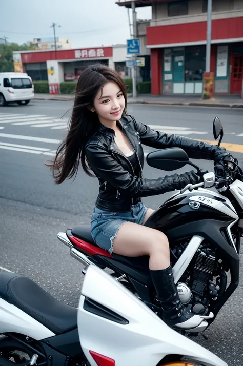 Create an image of a beautiful and cute girl riding a motorcycle in the East.