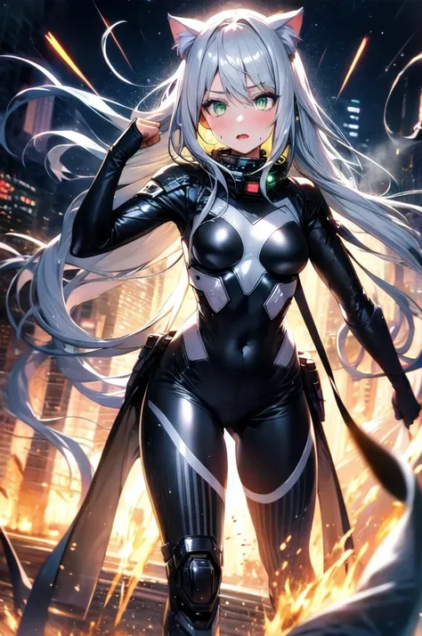 A silver-haired beautiful girl with cat ears eyes are green hair is silver and long clothes: a form-fitting black combat suit The fist is an afterimage The background is a city at night her is in a cat-like fighting pose The year is 14 years monitor, Dark ...