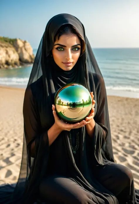 beautiful beautiful arab girl with strong green eyes in her 20s with a black veil covering her face, she has green eyes fortes, ...