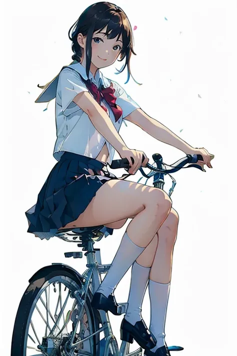 (masterpiece, highest quality:1.2), one girl, ride a bicycle, alone, smile,