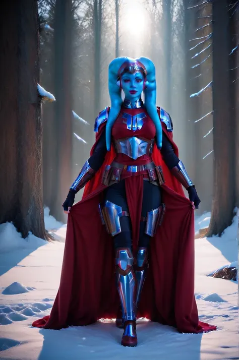 a ((fall body)) ((female twi'lek ))mandalorian,walking on snow, beautiful detailed eyes, beautiful detailed lips, extremely deta...