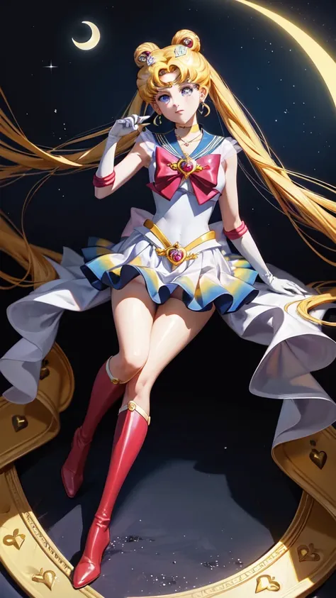 masterpiece, Highest quality, (1 girl), Super Sailor Moon, Cowboy Lens, night sky, moonlight, night, White gloves, blue eyes, Galaxy Background, Multicolored clothing, , Blue Skirt, hair ornaments, Red Bow, brooch, heart brooch, Earrings, Crescent Moon, he...