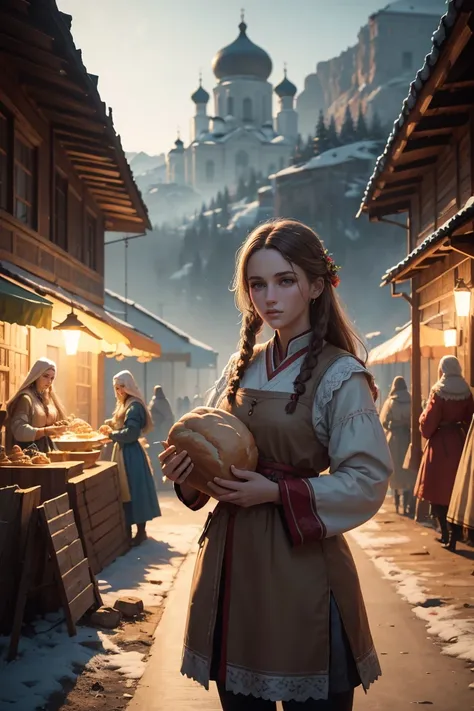 Painting of a group of women and men in traditional Russian folk clothes, holding a loaf, against the backdrop of an ancient Slavic settlement with cinematic lighting, volumetric light, bright colors, clear focus, в стиле 8 K, gaining popularity on ArtStat...