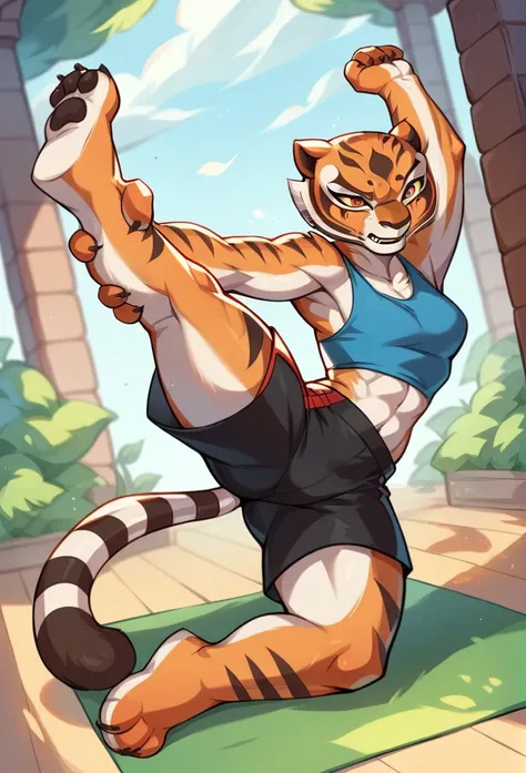 kung fu panda, master tigress, pose, yoga, wearing black shorts,