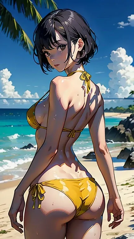 ((Highest quality, masterpiece, High resolution))、Beautiful Japanese Women、((Real anime art))、 ((1 girl))、 Normal size breasts、Slim figure、Medium Short Hair、double eyelid、Wet see-through bikini、A pareo with bold ethnic patterns and plenty of primary colors...