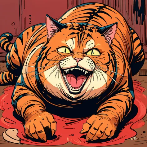 hyper maximal, strange, hyperrealism, rotoscope expressive ink bold line hand drawn, chonky, chonkiest tabby cat, extremely intensely chonky, spilling over in all directions, hefty, rotund, obese, large, rich color grading, cel shading, warm colors, unifie...