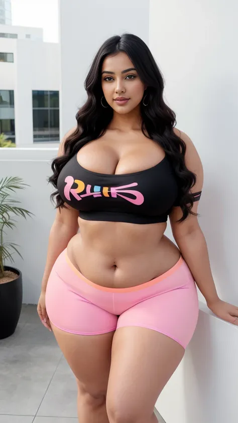 Radhika marchent Indian beautiful woman curvy plus size hour glass bulky huge figure woman, closeup camera view, big huge m-cup breast, wearing SHEIN Teen Girl Letter Graphic Cami Top & Shorts & Mesh Top Color: Multicolor , covered Bust , elegant standing ...