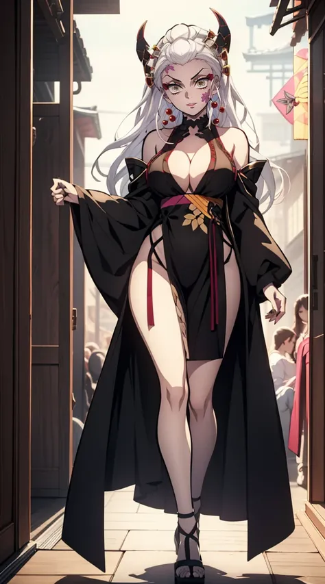 One, looks at the camera, portrait of a girl, beautiful waist, night, ancient japan, very sexy, grin, fangs, mouth open, sexy pose, fangs, smile, White hair, Erotica, very sexy, beautiful body is completely visible, masterpiece, Best quality, full length (...