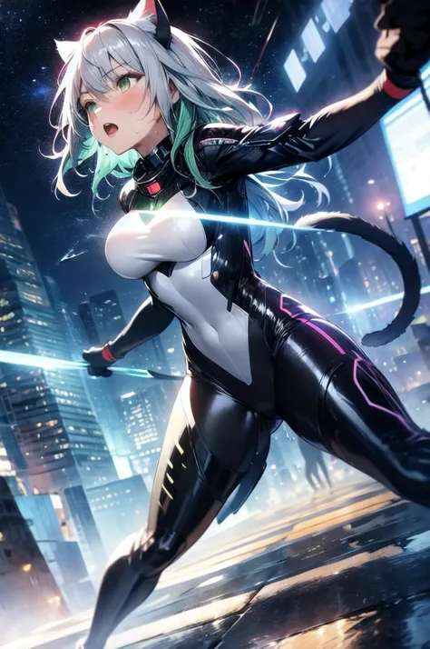 A silver-haired beautiful girl with cat ears eyes are green hair is silver and long clothes: a form-fitting black combat suit The fist is an afterimage The background is a city at night her is in a cat-like fighting pose The year is 14 years monitor, Dark ...