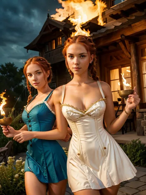 1girl, twin, the 18th, in England 1803, redhead, perfect green eyes, buns with braids, sides, recessed and with crown, ((Best Quality)), ((masterpiece)), (detailed), perfect face, beautiful, skinny, Skinny body, corset and gloves, short gold and white dres...