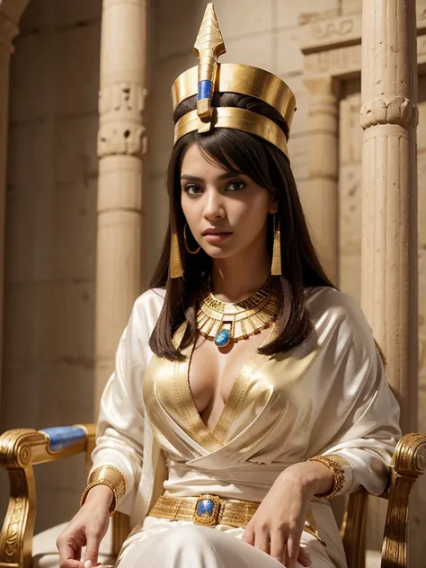 Close up shot , looking at viewer, Cleopatra queen 7 of Egypt standing in a ancient Egyptian palace, 30 BC, 30age old, (light brown hair, middle hair, black eye shadow black blew eyeline , Brown eyes, beautiful lip, serious), (lapis lazuli earrings, gold a...