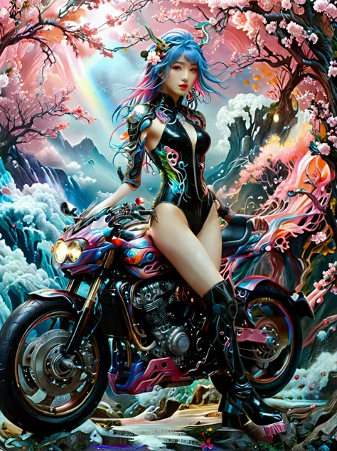 ((Imagine))，((whole body))，1 girl, Wearing a black cheongsam，Arms and Legs，手持电动步枪的Cyberpunk美女，Standing under a cherry tree with pink flowers in full bloom，（Mechanical ceramic high heels:1.5 ），Empty mountain motorcycle style oil painting，in the style of fut...