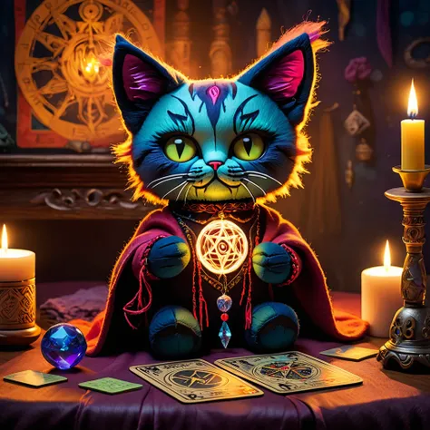 (knitted toy voodoo doll:1.7), (Voodoo Cat Reading Tarot:1.3), (Clothing: mystical cloak with arcane symbols:1.0), (Accessories: enchanted tarot cards, glowing crystal ball:1.2), (background: candle-lit room with floating symbols and mystical smoke:1.2), b...