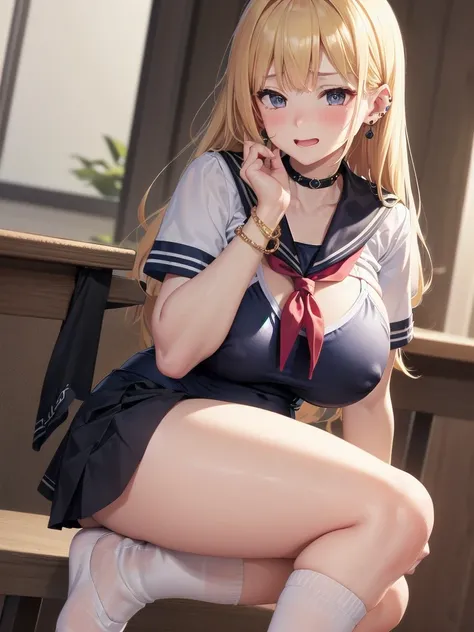 Solo （（（best quAltiy））， （Super Detail）， 1 Girl，(Huge bust:1.5) Blonde straight hair， ((School Swimsuit))， classroom， white panties 15 years old， Skinny legs， uniform， skirt，Nipple piercing，(The bra is see-through) ear nipple ring， Tongue Piercing， Stud ear...