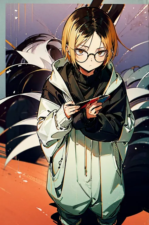 
(hutaodef:1.2),black h在 with h在 ,white 背，
Kenma Kozume，Lazy，Dark circles，Cozy sweater，Wide leg pants，one person，Standing，Glasses