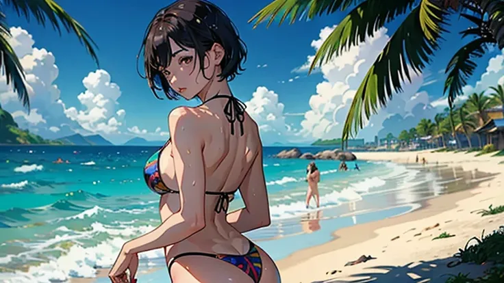 ((Highest quality, masterpiece, High resolution))、Beautiful Japanese Women、((Real anime art))、 ((1 girl))、 Normal size breasts、Slim figure、Medium Short Hair、double eyelid、Wet see-through bikini、A pareo with bold ethnic patterns and plenty of primary colors...