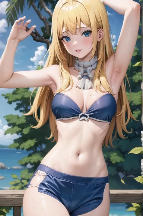 ((Best quality, high quality, a high resolution)), This, 1 girl, One, bare shoulders, in a blue bra, in a blue bikini, Long legs, high growth, sexuality, sweating, Armpits, sea, wound, Sun, looks at the viewer, sexy face