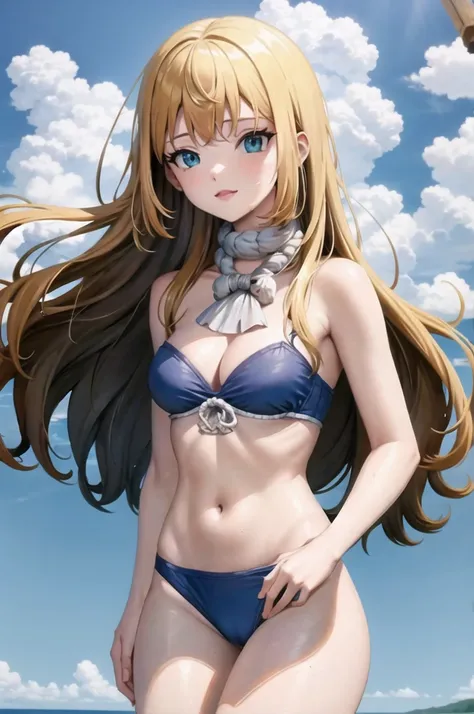 ((Best quality, high quality, a high resolution)), This, 1 girl, One, bare shoulders, in a blue bra, in a blue bikini, Long legs, high growth, sexuality, sweating, Armpits, sea, wound, Sun, looks at the viewer, sexy face