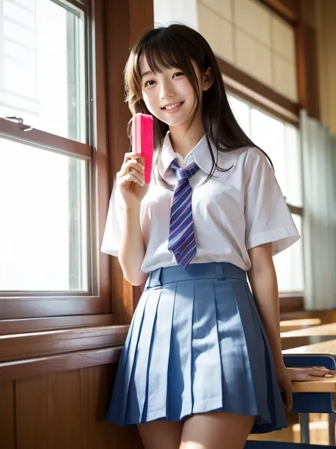 Japanese High School、Summer Classes、Break time、Dazzling summer sunlight shining through the window、Cute high school girl relaxing with friends、She resembles Hirose Suzu、Wearing a white summer uniform, her slightly sweaty skin looks very fresh.、She is holdi...