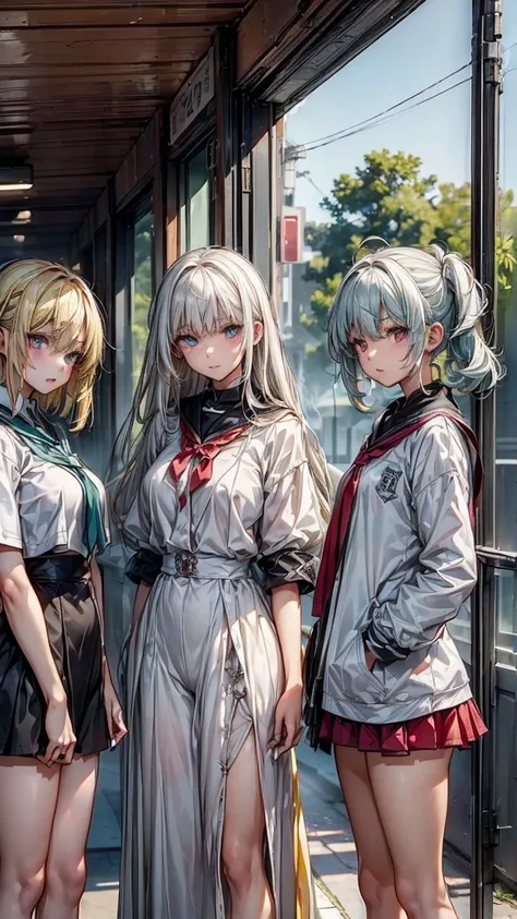 (((3 17 year old girls.))) 1 with yellow hair and green eyes, tanned body. 2 white hair and blue eyes, white body. 3 Red Hair And Red Eyes, with dark body. The 3 girls are standing. in  clothes. High School College Fund.