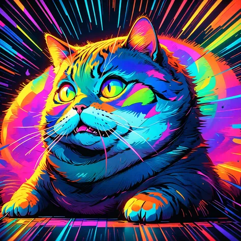 nighttime, darkness, low level neon glow, translucent, thermal iridescence effect, glitch, distortion, roygbiv, no light source, overwhelming, hyper maximal, strange, hyperrealism, rotoscope expressive ink bold line hand drawn, chonky, chonkiest tabby cat,...