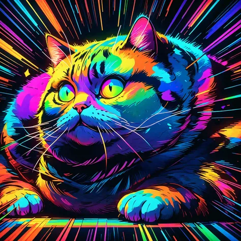 nighttime, darkness, low level neon glow, translucent, thermal iridescence effect, glitch, distortion, roygbiv, no light source, overwhelming, hyper maximal, strange, hyperrealism, rotoscope expressive ink bold line hand drawn, chonky, chonkiest tabby cat,...