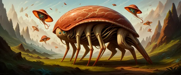 a bizarre alien grazing creature, extraterrestrial wildlife, large imaginative alien animal, detailed alien anatomy, intricate a...