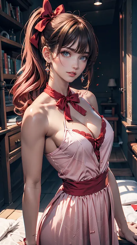 A very delicate and cute girl with pink hair and a lolita dress. 8K ultra-high image quality, Delicate texture, Pure white background.24-year-old female、Sexy proportions、Sexy breasts、Narrow waist、Long eyelashes、Side Ponytail((side ponytail))、hair band((hai...