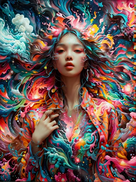 (Psychedelic painting of a beautiful girl standing in front of a colorful swirl:1.5), (Hip-hop pose:1.9)，Official Art，(Aesthetics and aesthetics:1.2)，(Fractal Art:1.3)，(Chinese girl&#39;s facial features，Extremely beautiful facial features:1.8)，Elegant dre...