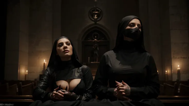 satanic cult. (best quality,4K,8K,high resolution,masterpiece:1.2),Super detailed,(actual,photoactual,photo-actual:1.37), best quality, realistic, female assassin, tattooed. satanic sexy nun wearing dominatrix latex nun-habit and gimp mask. posing sexily i...