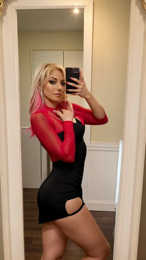 there is a blond woman with pink shady hair taking a selfie in a mirror, sexy black dress, tight dress, red dress, wearing red d...