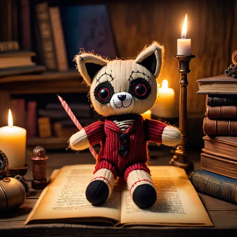 (knitted toy voodoo doll:1.9), (Voodoo Raccoon Writing Tales:1.3), (Clothing: cozy pajamas with whimsical designs:1.0), (Accessories: enchanted typewriter, glowing manuscript:1.2), (background: candle-lit attic with floating pages and mystical light:1.2), ...