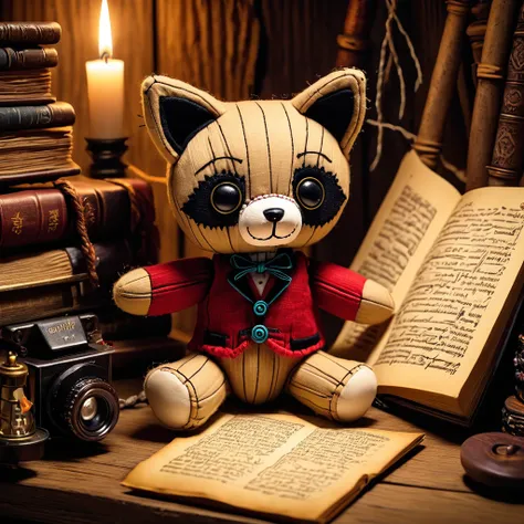 (knitted toy voodoo doll:1.9), (Voodoo Raccoon Writing Tales:1.3), (Clothing: cozy pajamas with whimsical designs:1.0), (Accessories: enchanted typewriter, glowing manuscript:1.2), (background: candle-lit attic with floating pages and mystical light:1.2), ...