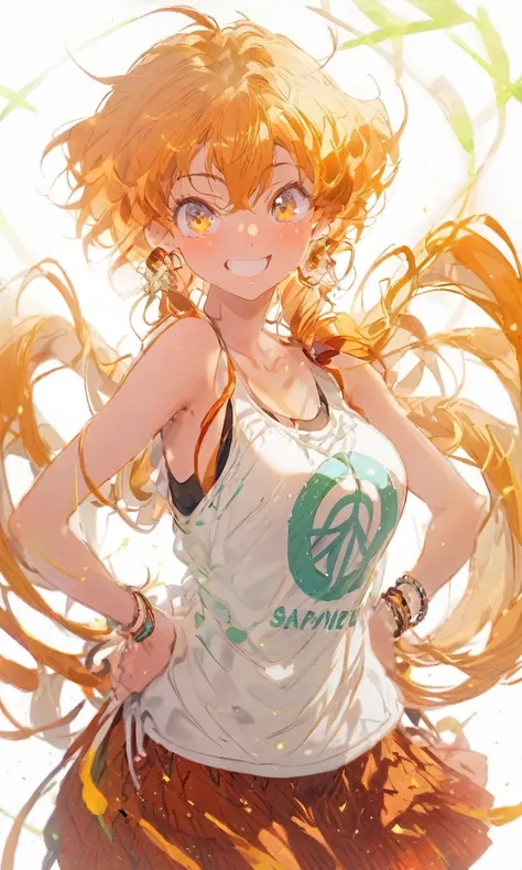 Highest quality,Yellow Eyes,Orange Hair,Side Tail,15-year-old girl,Wearing a tank top,A cheerful smile,Hands on hips,Gal Peace,Big Breasts