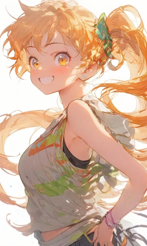 Highest quality,Yellow Eyes,Orange Hair,Side Tail,15-year-old girl,Wearing a tank top,A cheerful smile,Hands on hips,Gal Peace,Big Breasts