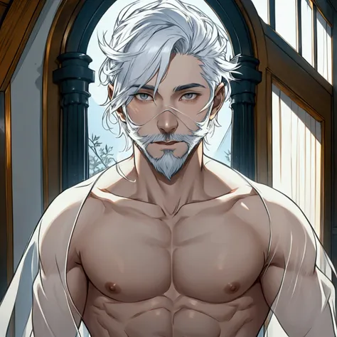 a sexy male ghost who is nearly naked inside of a house with transparent skin and a cute look to his face, looks abit gruffy, has a light beard to him