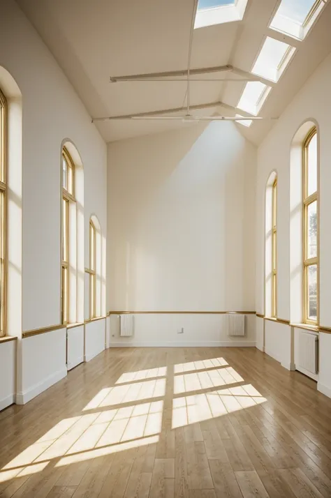 An empty dance hall, with white walls, white floor, long windows facing up, warm golden light comes in from the windows 