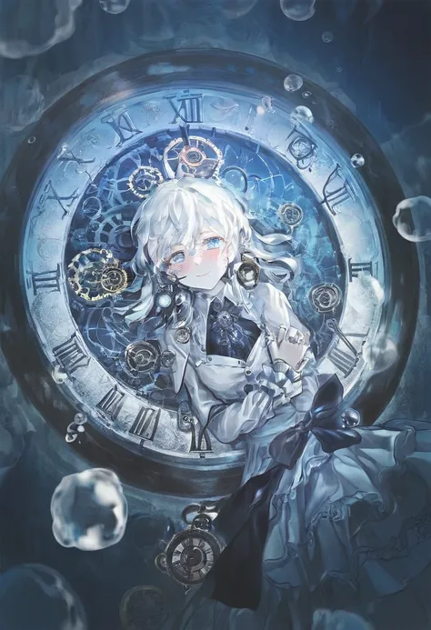 Masterpiece, very aesthetic, best quality, 1girl, white hair, blue eyes, clock, lying, blue theme, bubbles, iridescent, colorful, detailed, smile, nose blush