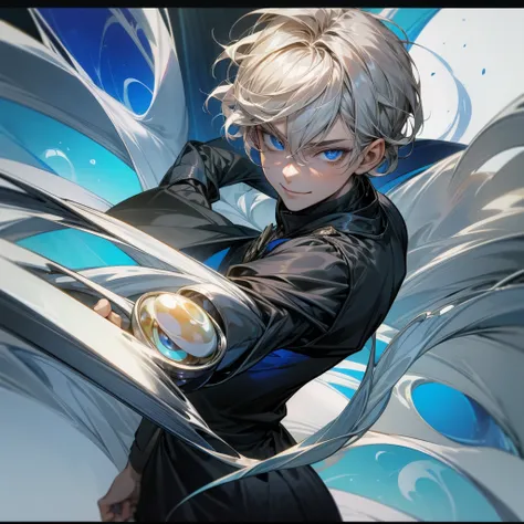 Grown-up guy, pearlescent hair, blue eyes, dark clothes,smile face, killer,short hair 