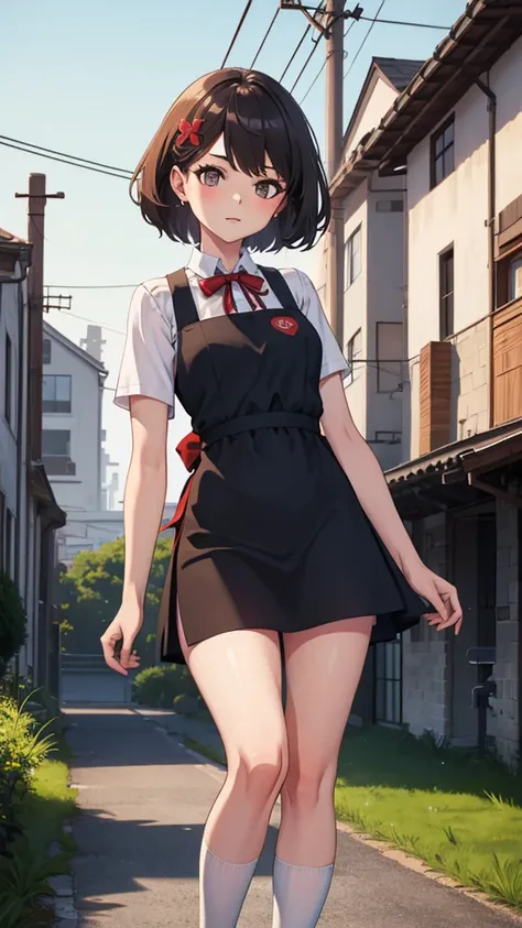 masterpiece,Highest quality,One girl,daughter, hair ornaments, ribbon, Apron dress, mini skirt, White shirt, Short sleeve, socks, Mary Jane,Are standing,At the station,Asian architecture,Power lines,Outdoor, 