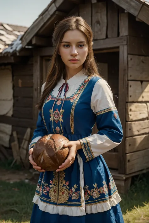 Painting of a group of women and men in traditional Russian folk clothes, holding a loaf, against the backdrop of an ancient Slavic settlement with cinematic lighting, volumetric light, bright colors, clear focus, в стиле 8 K, gaining popularity on ArtStat...