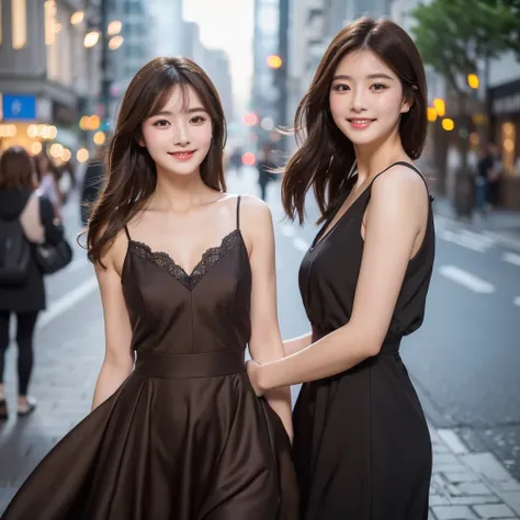 ((best quality, 8k, masterpiece :1.3)), 1 girl, smiling, whole body, face slimming, pretty Woman, (Dark brown hair), full length dress :1.1, Super detailed faces, delicate eyes, double eyelids, blurred background, face slimming, City, external, street,