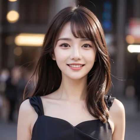 ((best quality, 8k, masterpiece :1.3)), 1 girl, smiling, whole body, face slimming, pretty Woman, (Dark brown hair), full length dress :1.1, Super detailed faces, delicate eyes, double eyelids, blurred background, face slimming, City, external, street,