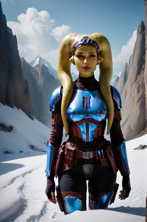 a ((fall body)) ((female twilek ))mandalorian,walking on snow, beautiful detailed eyes, beautiful detailed lips, extremely detailed face, long eyelashes, mandalorian armor, sci-fi, cinematic lighting, dramatic, epic, intricate details, hyper-realistic, 8k,...