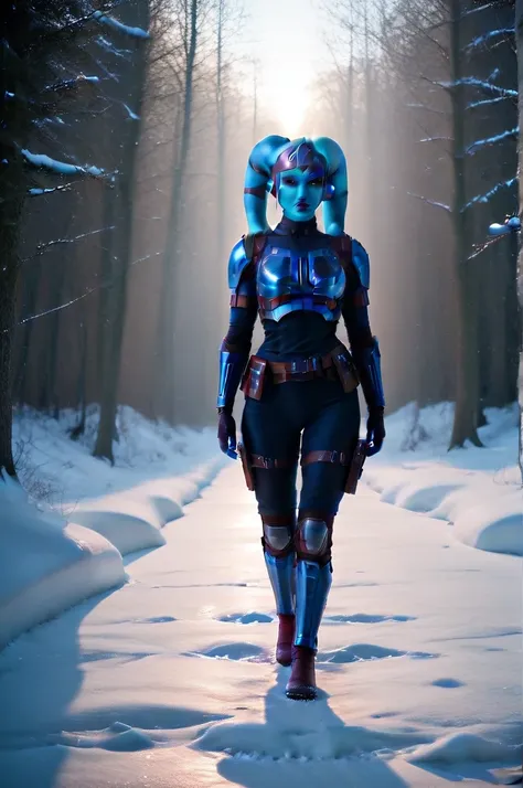 a ((fall body)) ((female twi'lek ))mandalorian,walking on snow, beautiful detailed eyes, beautiful detailed lips, extremely deta...