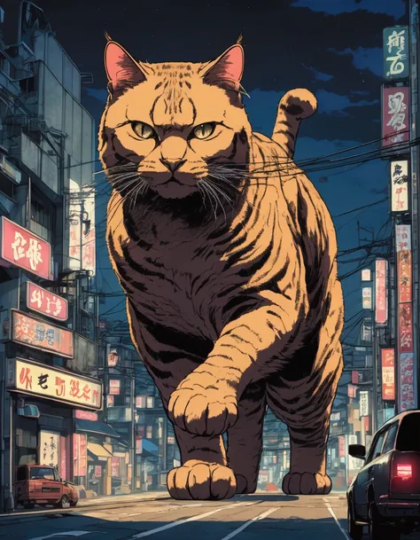 A gigantic cat rampages in tokyo, it is batting around tanks like toys, night time